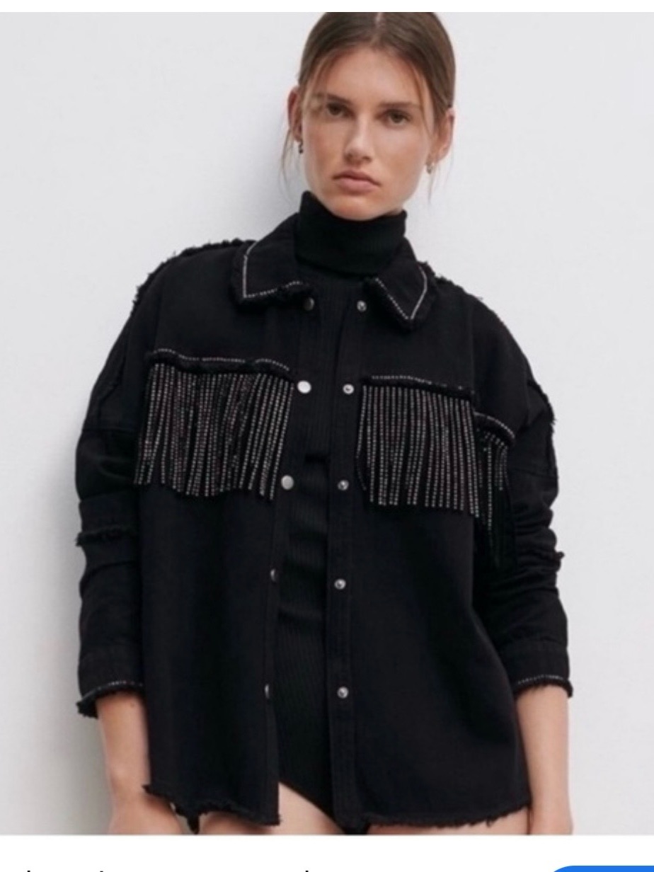 Zara Black Fringe Rhinestone Denim Jacket